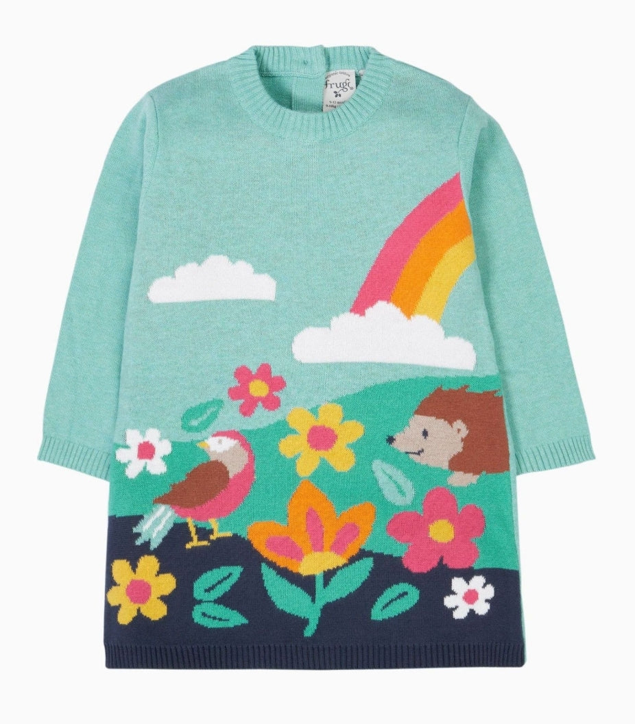 Frugi Ava Strickkleid Mintgrün mit Regenbogen