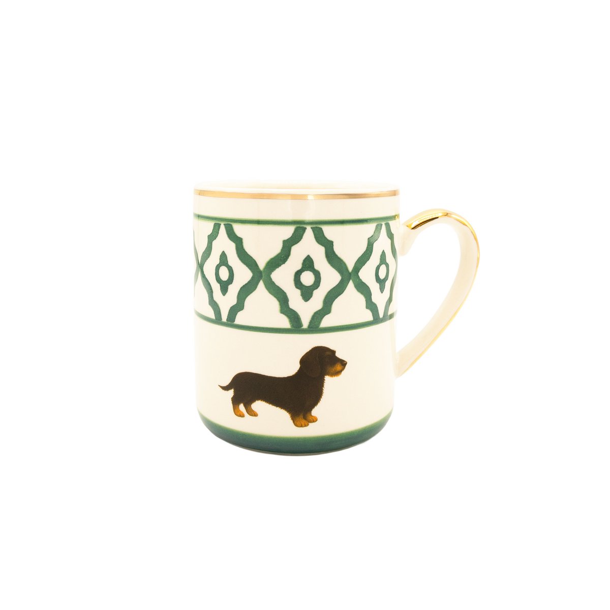 Kaffeetasse Dackel von Michael Platin Design, handbemalt mit Goldrand