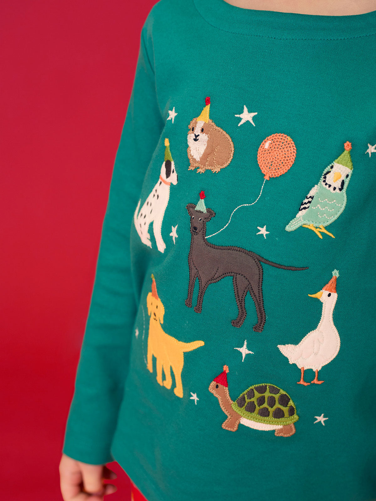Frugi Anna Langarmshirt Grün mit Tiermotiven – getragen