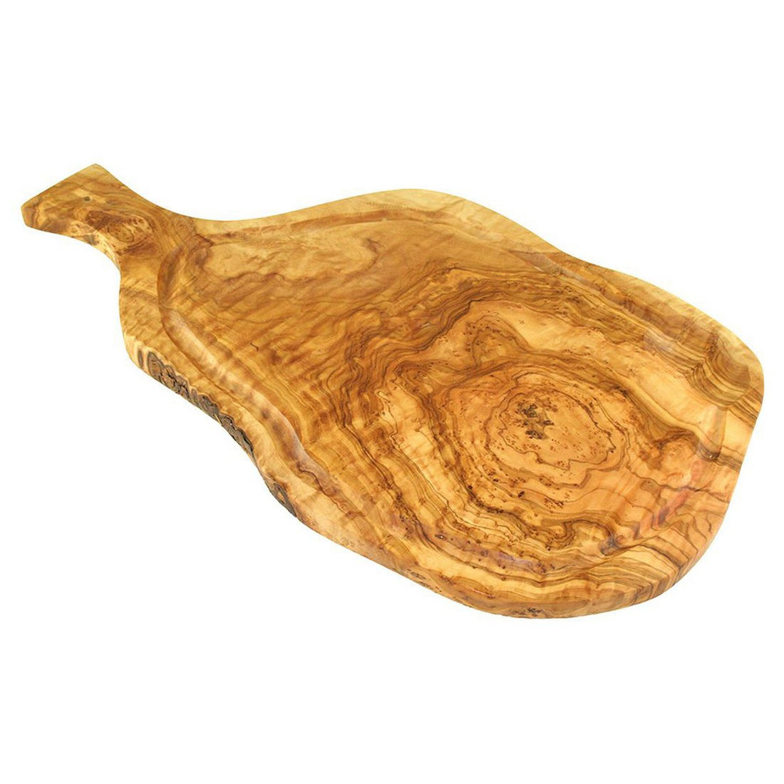 Servierbrett aus Olivenholz mit Saftrille und Griff