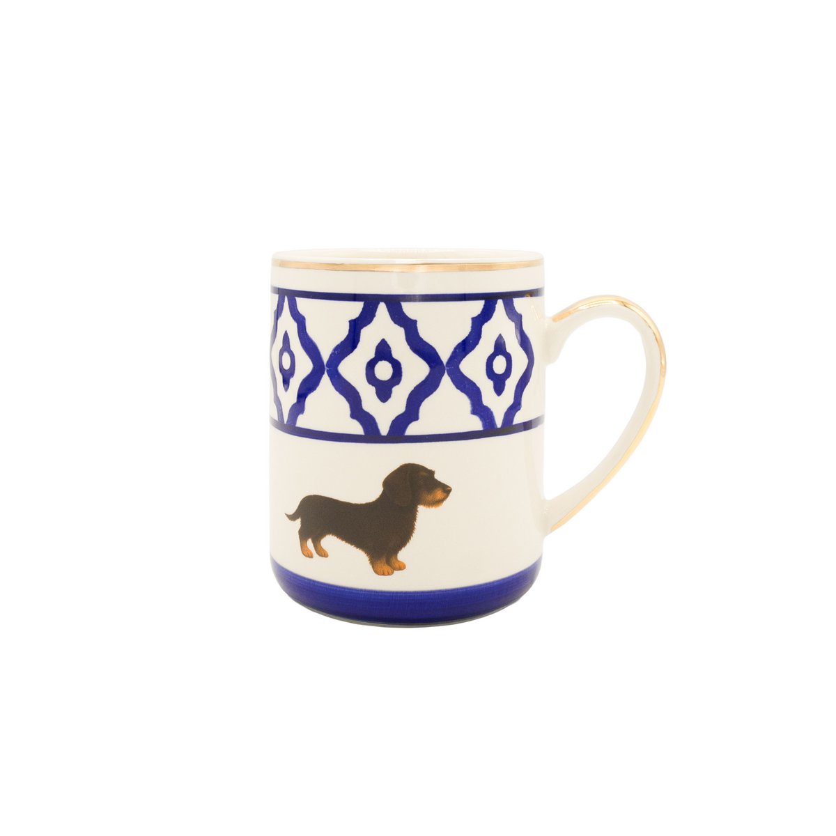 Kaffeetasse Dackel von Michael Platin Design, handbemalt mit Goldrand
