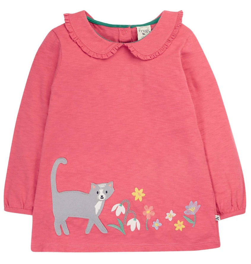 Frugi Kinder Langarmshirt Rosarot mit Katzen-Applikation