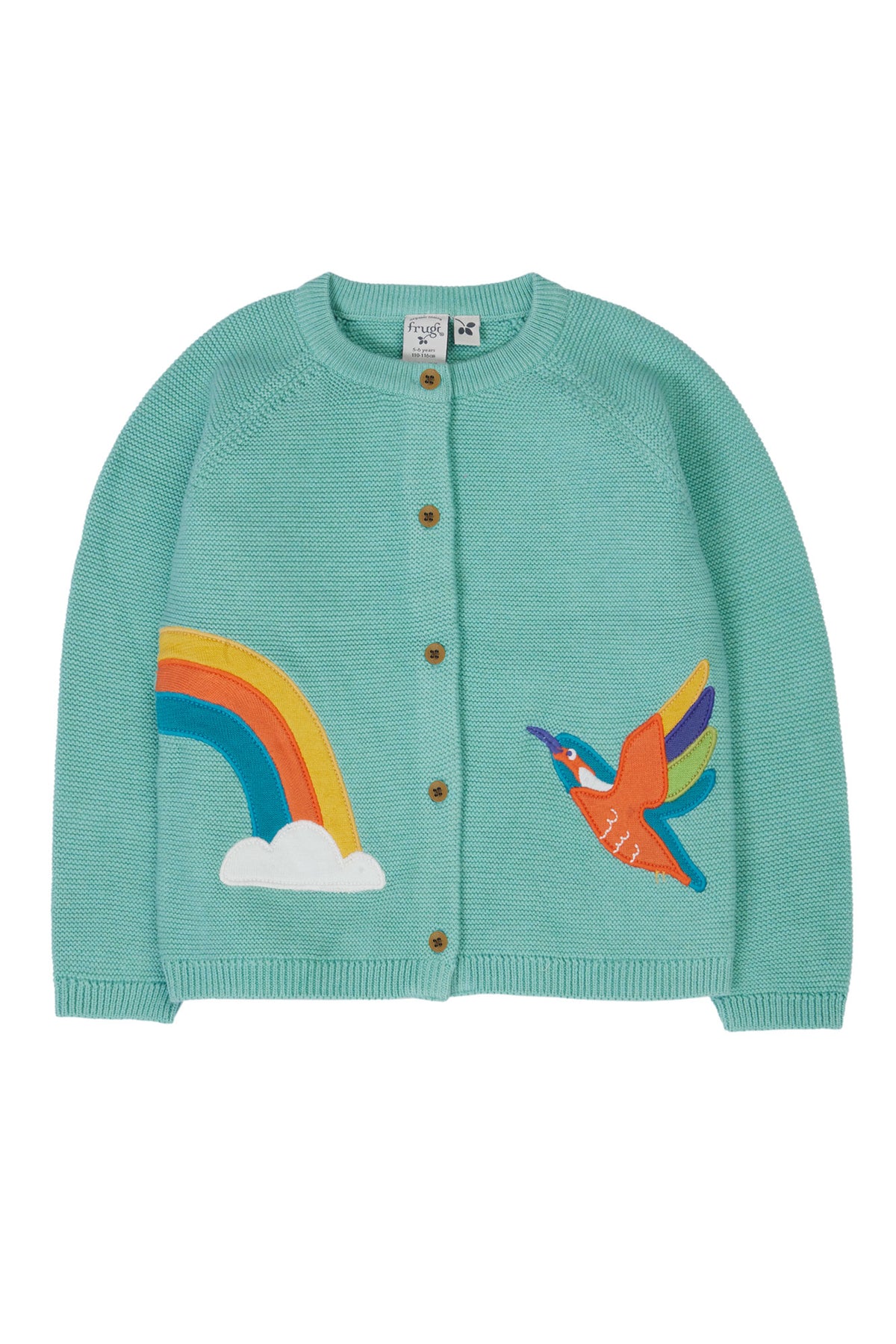 Frugi Colby Strickjacke Mintgrün mit Regenbogen und Eisvogel