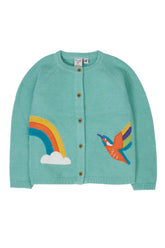 Frugi Colby Strickjacke Mintgrün mit Regenbogen und Eisvogel