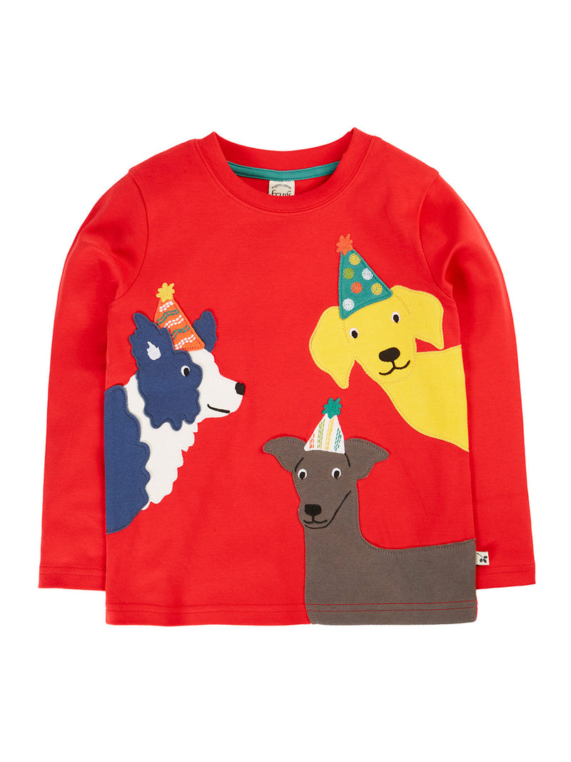 Frugi Adventure Langarmshirt mit Hunde-Applikationen - Rot/Hunde