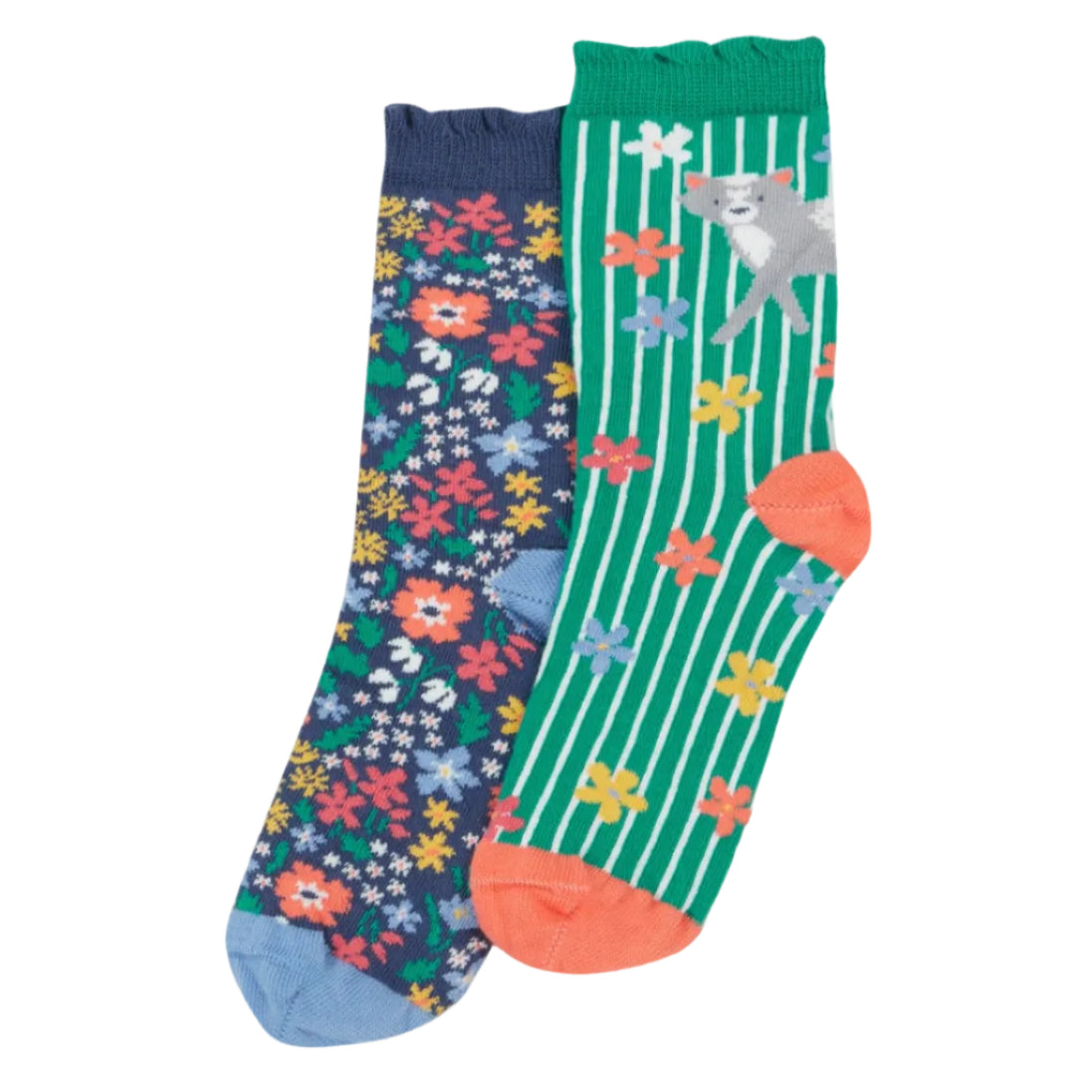 Frugi Kindersocken 2er-Set Navy Grün mit Katze