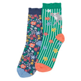 Frugi Kindersocken 2er-Set Navy Grün mit Katze