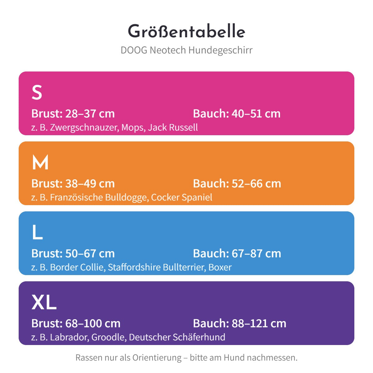 Größentabelle DOOG Neotech Hundegeschirr: Brust- und Bauchumfang für S bis XL