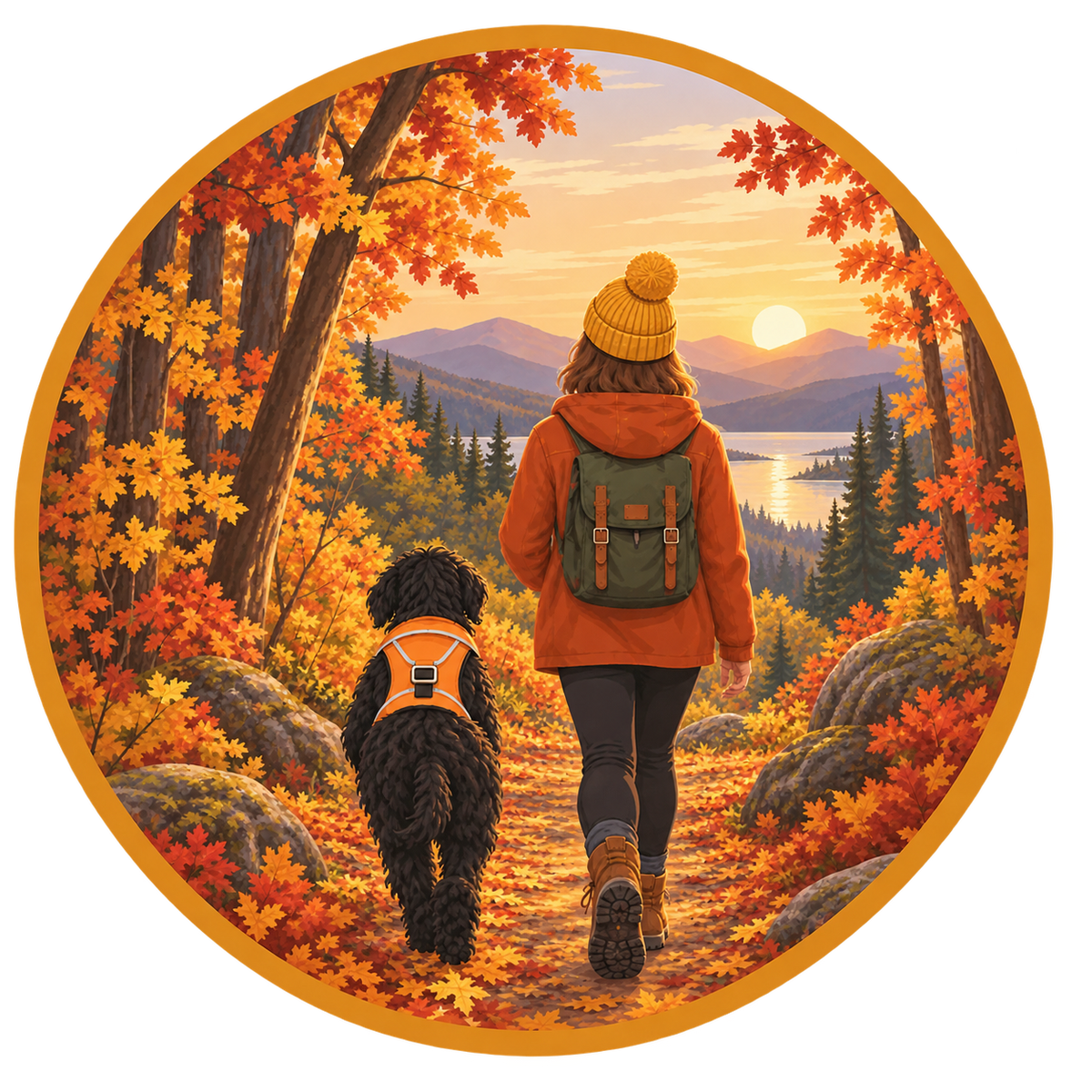 Illustration: Frau und Hund beim Herbstspaziergang durch bunten Laubwald