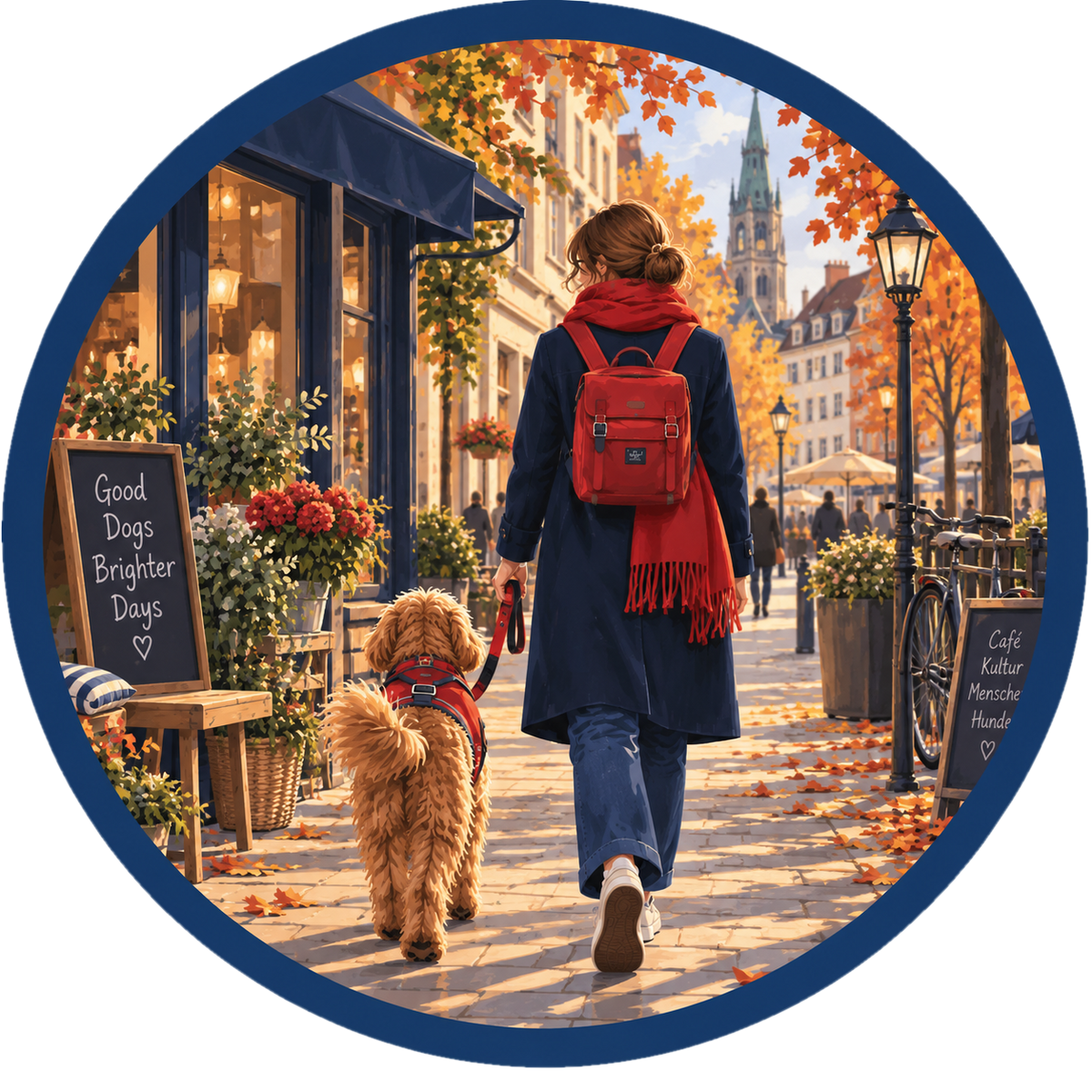 Illustration: Frau mit rotem Schal und Hund an der Leine beim Herbstbummel durch die Altstadt