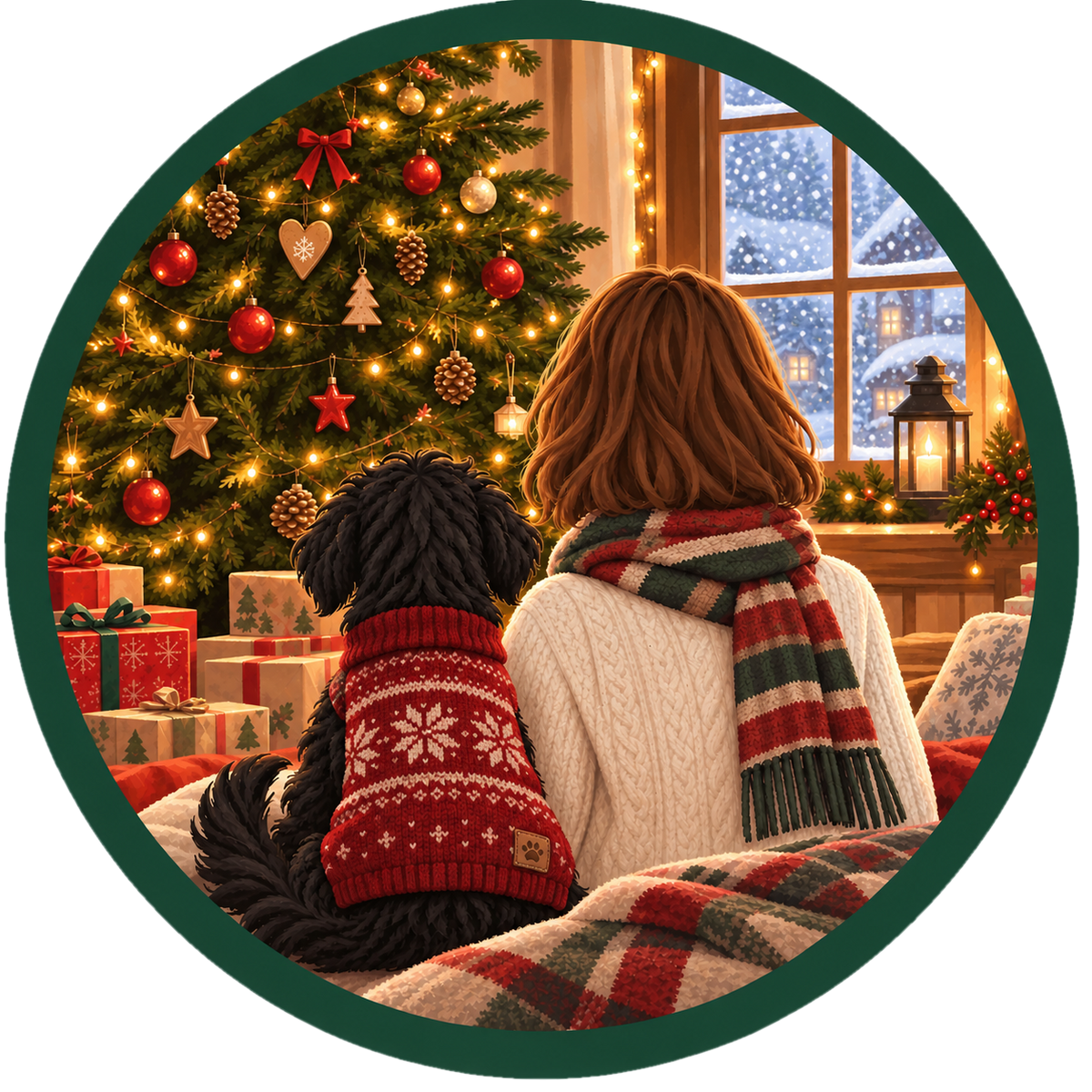 Illustration: Frau mit Schal und Hund im Weihnachtspulli sitzen vor dem geschmückten Weihnachtsbaum