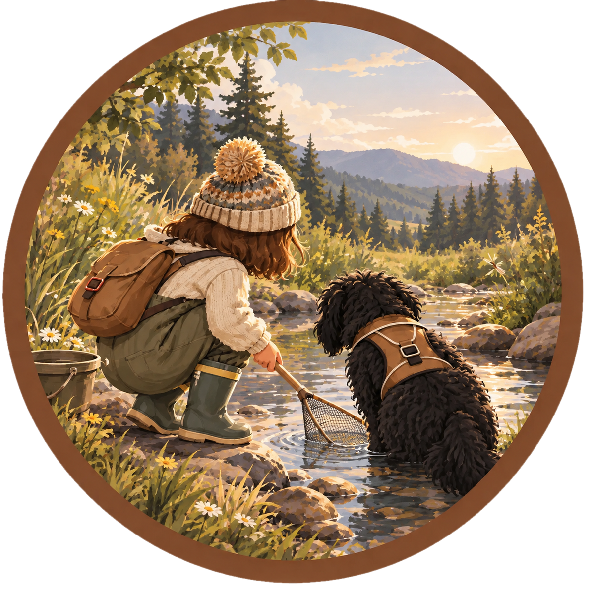 Illustration: Kind mit Kescher und Hund entdecken einen Bach
