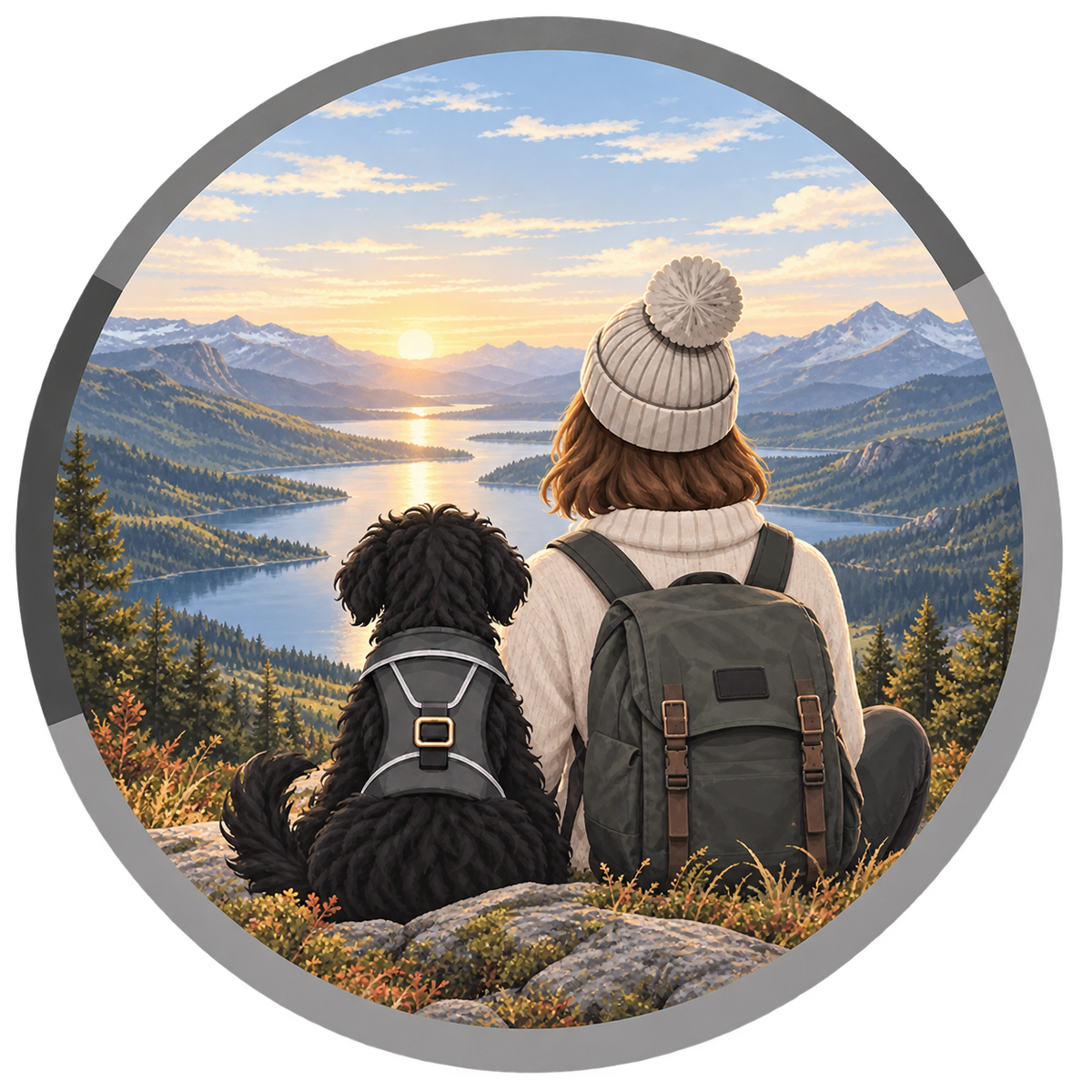 Illustration: Frau und Hund sitzen auf einem Felsen und blicken über Bergsee und Berge