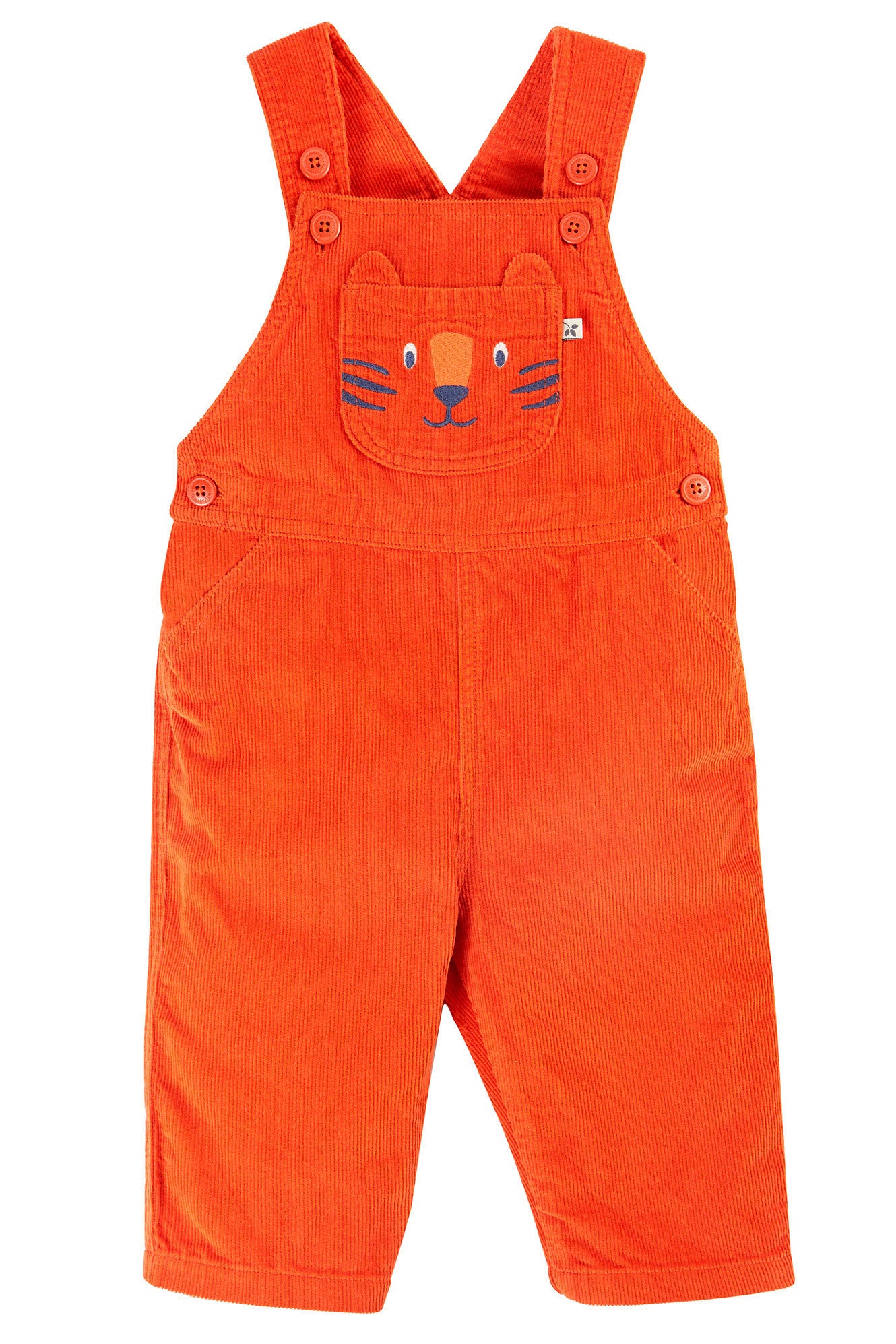 Cord-Latzhose von Frugi mit Tiger-Motiv