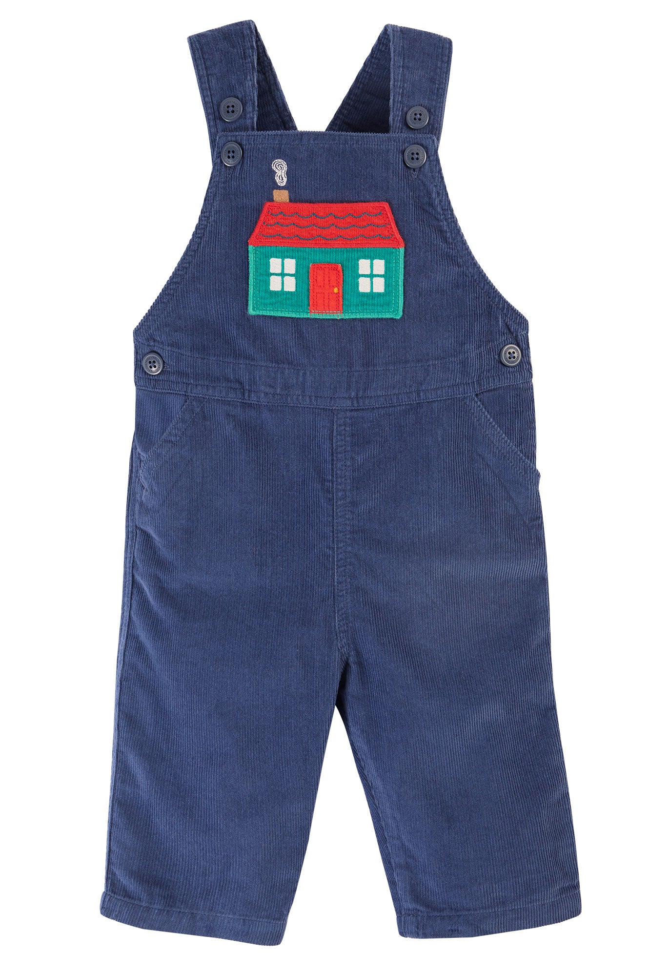 Cord-Latzhose von Frugi mit Haus-Motiv